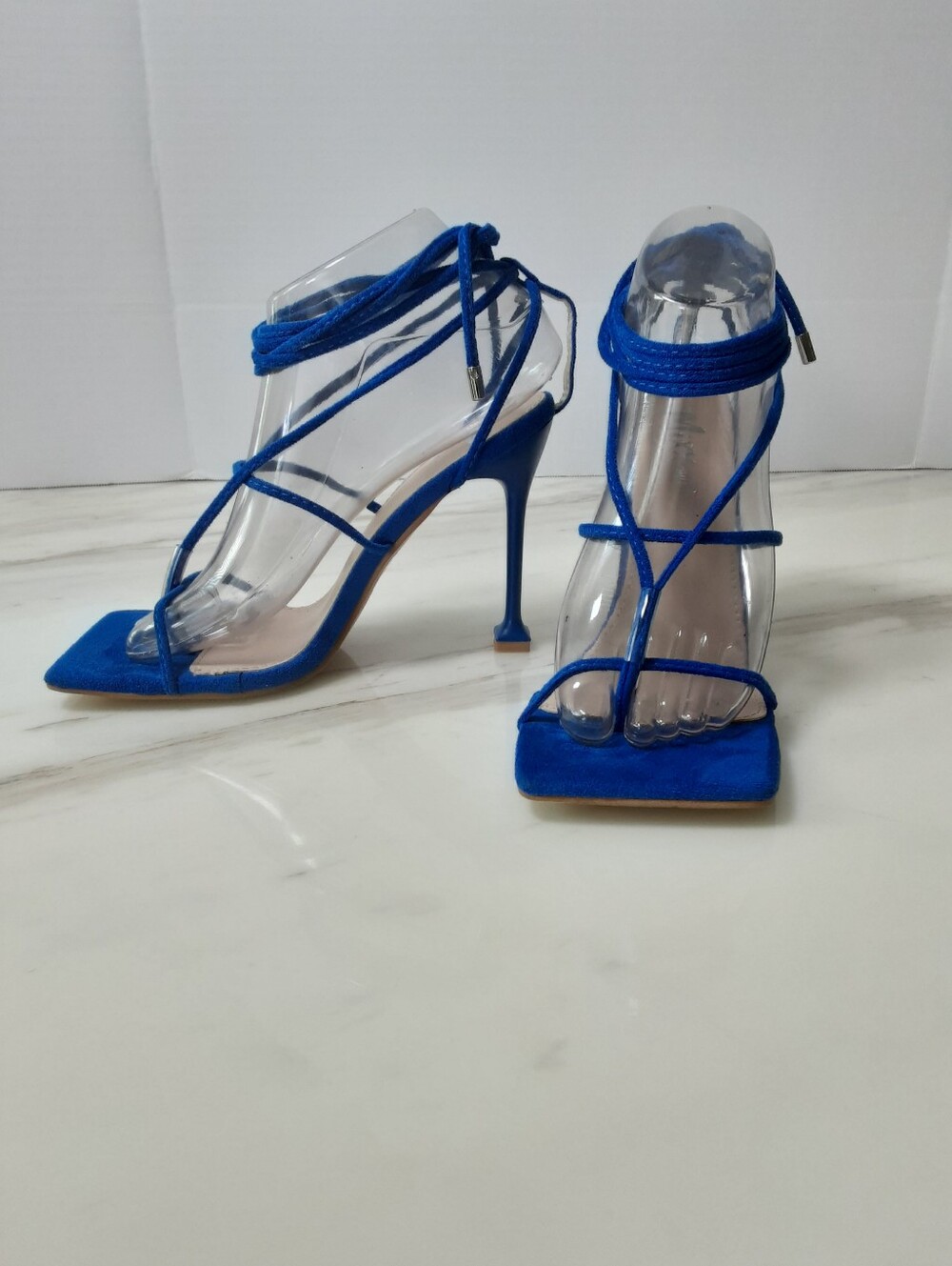 Mixx Shuz “Nicky” Royal Blue Suede Ankle Wrap Stiletto Heel Sandals Sz 7